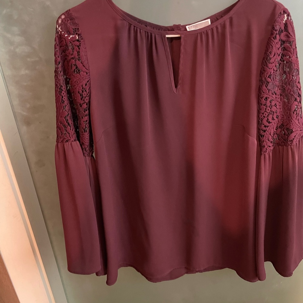 Chelsea 28 Burgundy Lace Inset Sleeve Blouse, Size S